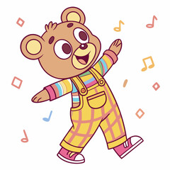 Joyful dancing bear in colorful overalls