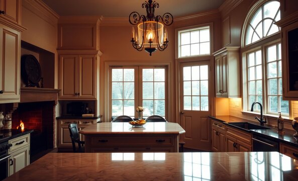 A kitchen bathed in warm light from a grand window exuded timeless elegance with its classic design  Cream cabinets adorned the walls complemented by a gleaming marble island and a subway tiled backsp