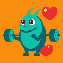 Cute monster weightlifting with love hearts