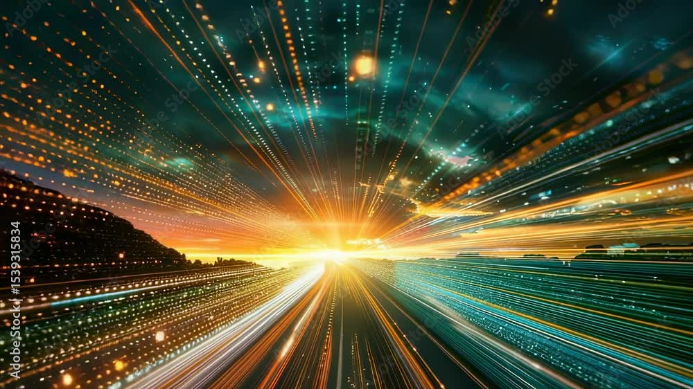 Poster abstract digital landscape with light streaks and vibrant colors, creating a sense of speed and tech