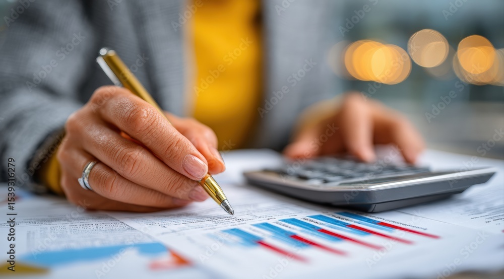 Poster Businesswoman working with financial data, calculating and analyzing charts and graphs, using calculator and pen in office environment