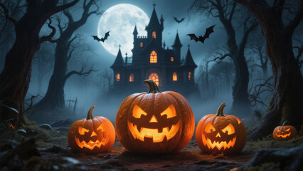A hauntingly beautiful Halloween scene featuring three intricately carved jack-o'-lanterns with glowing orange lights. Halloween, Halloween Costumes, Halloween Background, Happy Halloween