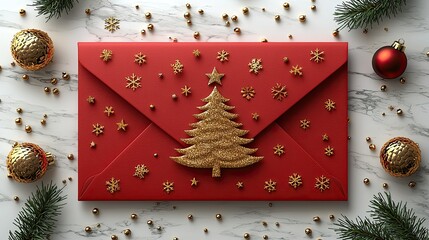 Red envelope decorated with a golden christmas tree and snowflakes.