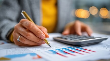 Businesswoman working with financial data, calculating and analyzing charts and graphs, using calculator and pen in office environment