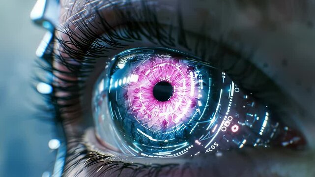 Close-up of a futuristic bionic eye with digital interface and glowing elements, showcasing advanced technology and cybernetics.