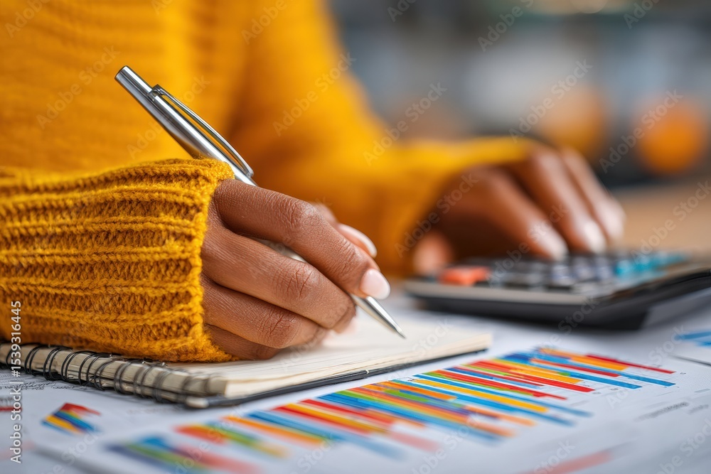 Poster Close up of hands using calculator and writing notes, with colorful charts and graphs in the foreground, suggesting financial planning and analysis