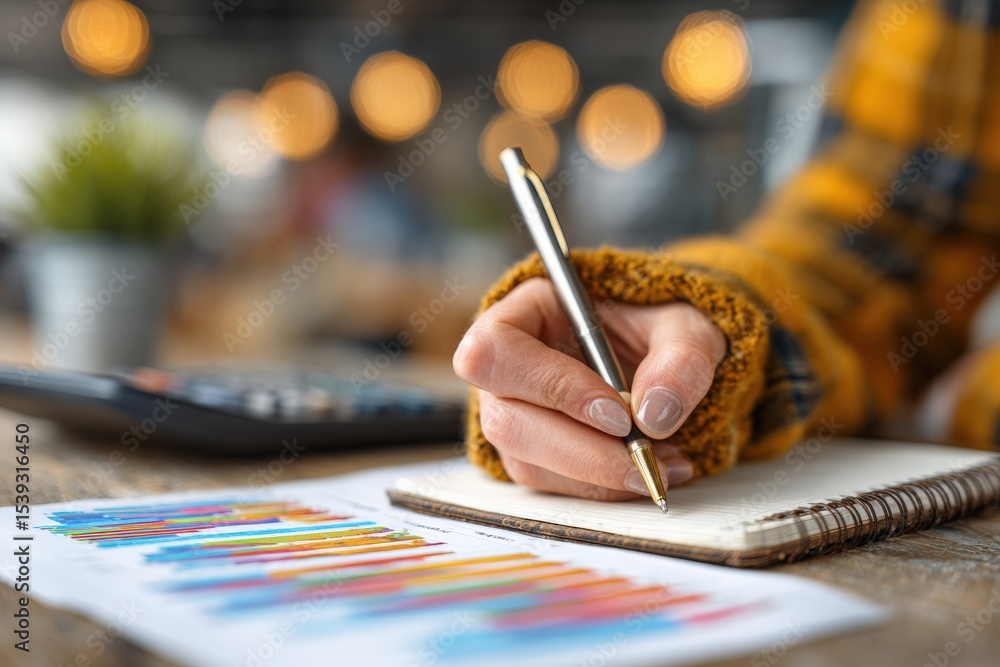 Poster businesswoman wearing fingerless gloves is analyzing financial chart and taking notes in notebook wh