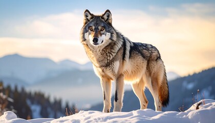 Obraz premium Majestic Wolf in Snowy Mountains.