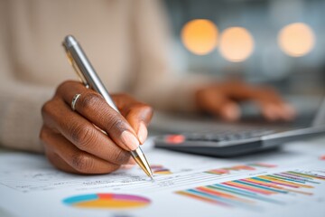 Close up of businesswoman analyzing financial data and using calculator while working on business development plan