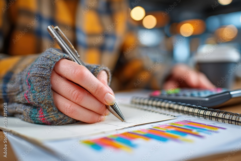 Poster Close up of female hands writing notes and calculating expenses with a calculator while seated in a cozy cafe environment