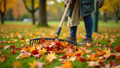 Person raking colorful autumn leaves onto a grassy lawn.