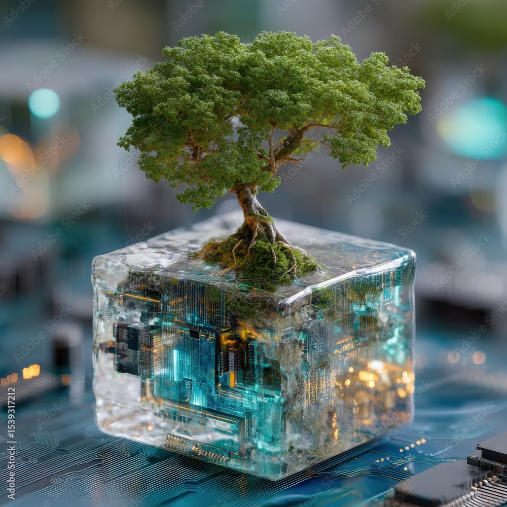 Aufkleber Vibrant green tree grows from a translucent, ice like cube embedded with intricate circuits, symbolizing the fusion of nature and technology