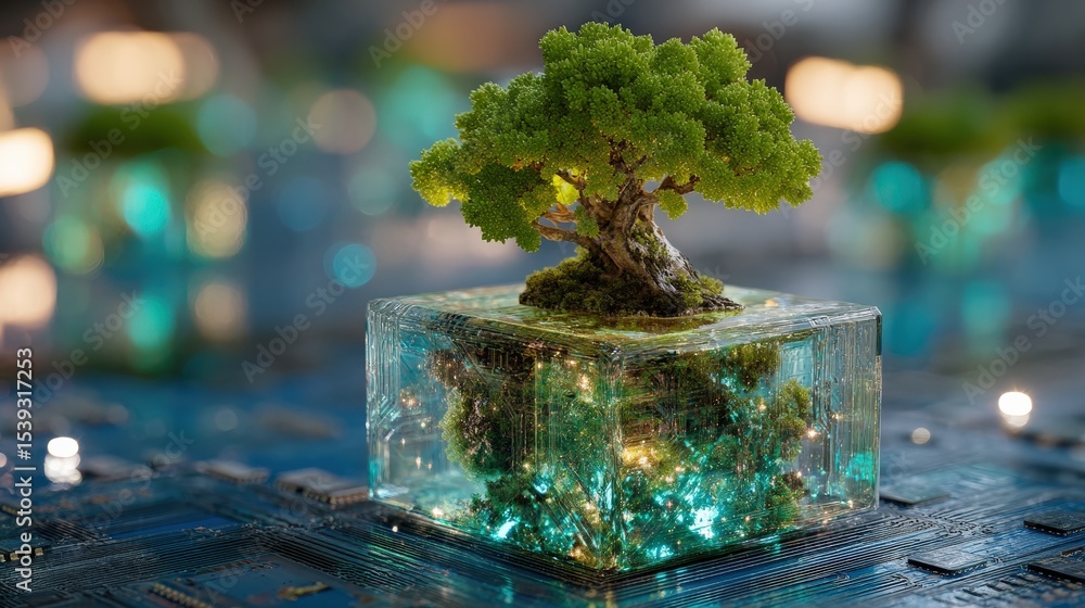 Poster miniature bonsai tree growing inside a transparent cube placed on a circuit board, symbolizing the f
