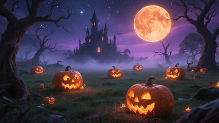 A hauntingly beautiful Halloween scene under a full, glowing moon with deep orange and purple hues. Halloween, Halloween Costumes, Halloween Background, Happy Halloween