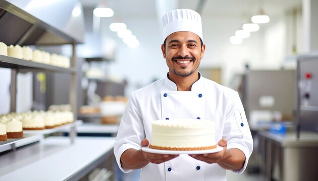 Happy baker holding cake in bakery.