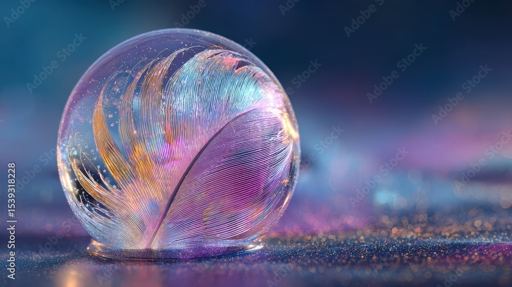 Poster a feather encased in a transparent sphere resting on a reflective surface with a blurred background