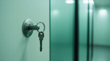 Key Hanging on a Ring in Modern Glass and Tile Bathroom Environment