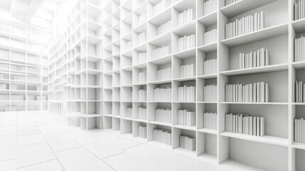 Obraz premium Minimalist White Library Interior with Clean Lines and Shelves