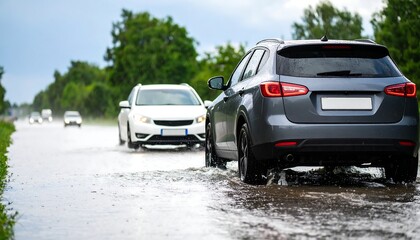 Cars driving through floodwaters.