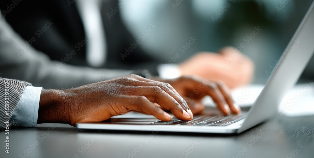 Poster close up of hands typing on laptop keyboard during an office meeting, showcasing teamwork and collab