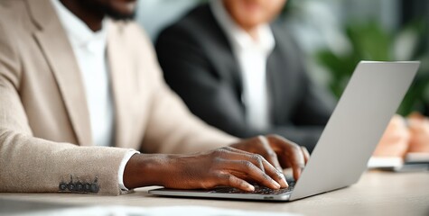 Close up of businessman's hands typing on laptop, with blurred colleague in background, in modern office environment