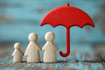 Family insurance concept featuring wooden figures of a family sheltered under a vibrant red umbrella on a textured wooden surface