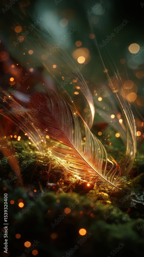 Poster a softly glowing feather resting on moss with bokeh lights surrounding it in a dark setting
