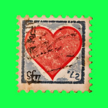 Vintage heart postage stamp animation, transparent 4K video, green screen