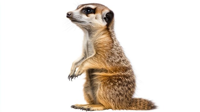 Meerkat standing, profile view, isolated on white background. Possible use Educational or zoological material