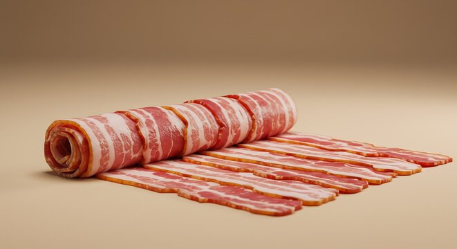A mouthwatering stack of raw bacon strips, rolled and ready for cooking, displaying its rich marbling and savory appeal