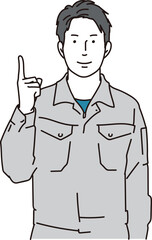 上に指差しする作業服を着た男性のイラスト素材