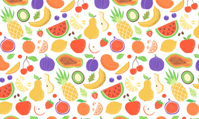 Tropical Fruits Seamless Pattern. Papaya, Pineapple, mango, kiwi, banana, leaves, fig, apple, watermelon, cherry, lemon, pear, strawberry, orange. Vector Illustrations. Fruits Background