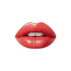 Obraz premium Glossy red lips with white teeth on white background 