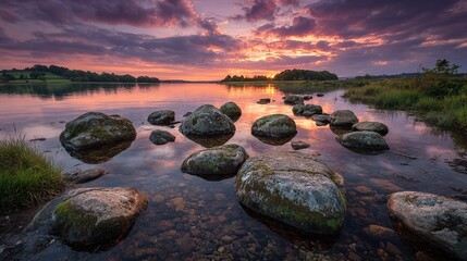 Serene sunset over a calm lake, reflected in the still water, with numerous moss-covered rocks partially submerged near the shore,  under a dramatic sky of vibrant purples, oranges, and grays