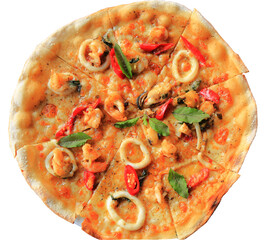 Seafood Pizza, top view and die cut background