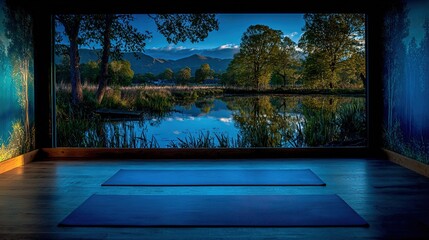 Serene yoga studio with expansive lake and mountain view through large window; two mats await