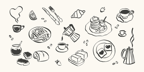 Fototapeta na wymiar Whimsical breakfast doodles. Italian food with la dolce vita aesthetic in simple crayon and sketch style. Trendy art for menus and dinner brunch invitations. Coquette vector illustration