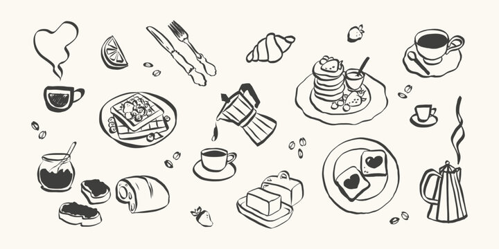 Whimsical breakfast doodles. Italian food with la dolce vita aesthetic in simple crayon and sketch style. Trendy art for menus and dinner brunch invitations. Coquette vector illustration