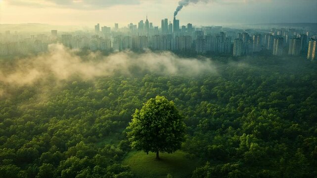 Sunrise over a city, with a lone tree in a misty forest