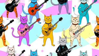 Cats playing guitars with colorful pattern.