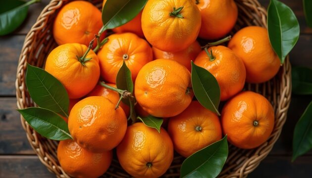 Fresh oranges in a wicker basket.