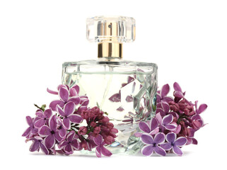Bottle of luxury perfume and lilac flowers isolated on white