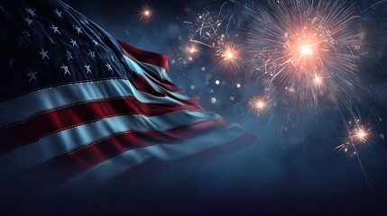 American flag waving with fireworks lighting up the background sky, Patriotic Atmosphere 