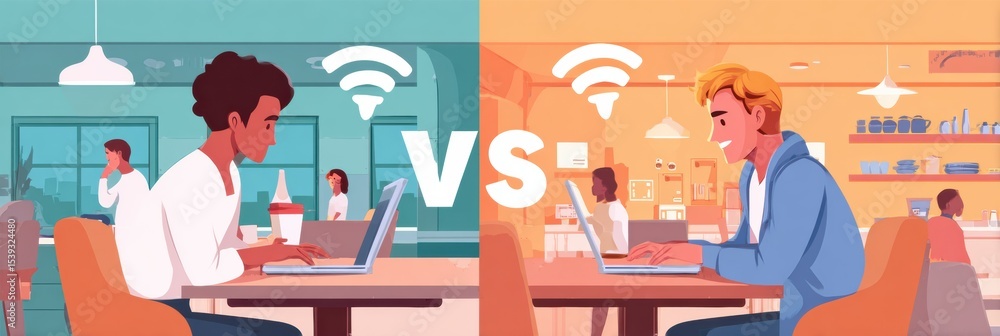 Poster comparison of public wi-fi risks and vpn security in a modern cafe setting