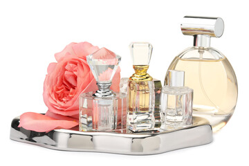 Many different perfume bottles and rose isolated on white