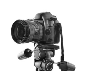 Modern professional video camera isolated on white