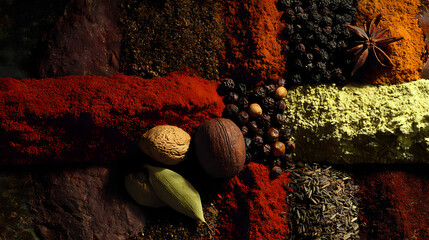 Assorted spices and herbs arranged in a colorful pattern