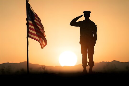 A American soldier silhouette saluting at sunset, USA flag waving high, Independence Day honor