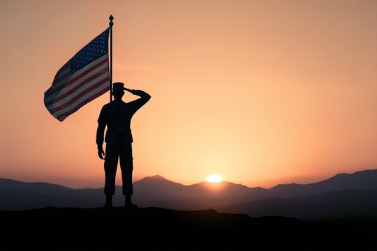 A American soldier silhouette saluting at sunset, USA flag waving high, Independence Day honor