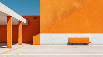 Vivid orange building facade with a minimalist concrete covered area, featuring a simple orange bench against a white base, under a clear blue sky